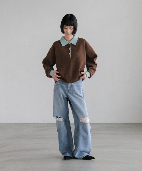 LOWRYS FARM（ローリーズファーム）の「バイカラーポロニットロングスリーブ　636126（ニット/セーター・レディース・グレー/ブラウン/ブラック・FREE）」の13枚目の写真