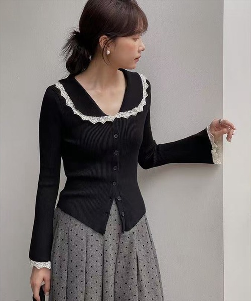 STAY MOTION（ステイモーション）の「【WEB限定】レースカラーフレアスリーブニットトップス［韓国ファッション ガーリー］≪新作≫（ニット/セーター・レディース・グレー/ブラック/イエロー・F）」の5枚目の写真