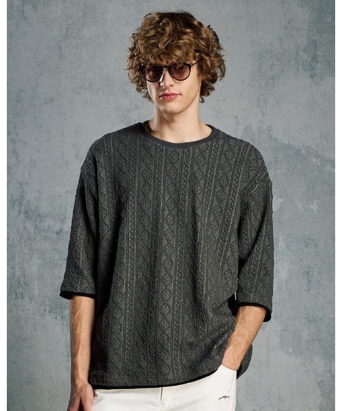 wjk(ダヴルジェイケイ)の「jacquard summer knit H/S(Tシャツ/カットソー・メンズ・ブラック/トップグレー/ネイビー・SMALL/MEDIUM/LARGE/X-LARGE)」の1枚目の写真