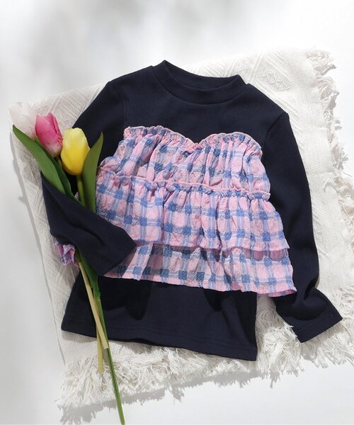 apres les cours（アプレレクール）の「【WEB限定】シアーチェックドッキングトップス_ジュニア対応（Tシャツ/カットソー・キッズ・ネイビー/オレンジ/クリーム/アイボリー・80/90/100/110/120/130/140）」の4枚目の写真