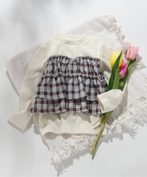 apres les cours（アプレレクール）の「【WEB限定】シアーチェックドッキングトップス_ジュニア対応（Tシャツ/カットソー・キッズ・ネイビー/オレンジ/クリーム/アイボリー・80/90/100/110/120/130/140）」の2枚目の写真