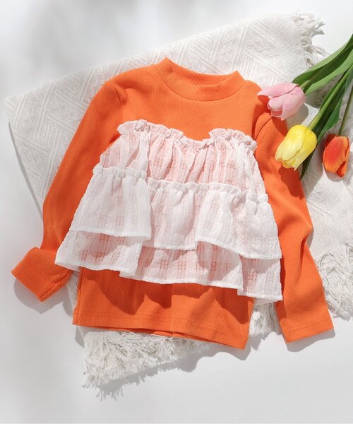 apres les cours（アプレレクール）の「【WEB限定】シアーチェックドッキングトップス_ジュニア対応（Tシャツ/カットソー・キッズ・ネイビー/オレンジ/クリーム/アイボリー・80/90/100/110/120/130/140）」の9枚目の写真