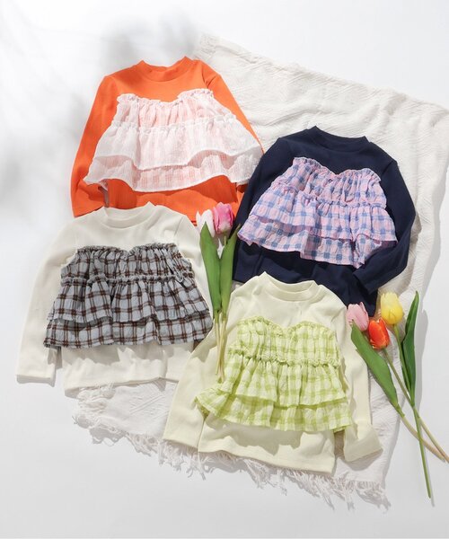 apres les cours（アプレレクール）の「【WEB限定】シアーチェックドッキングトップス_ジュニア対応（Tシャツ/カットソー・キッズ・ネイビー/オレンジ/クリーム/アイボリー・80/90/100/110/120/130/140）」の8枚目の写真