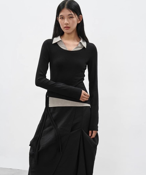 EIGHTHMONTH(エイスマンス)の「アシンメトリーレイヤードトップス EM26s019【EIGHTHMONTH】(Tシャツ/カットソー・レディース・ブラック/カーキ・S/M)」の1枚目の写真