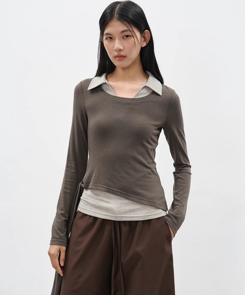 EIGHTHMONTH(エイスマンス)の「アシンメトリーレイヤードトップス EM26s019【EIGHTHMONTH】(Tシャツ/カットソー・レディース・ブラック/カーキ・S/M)」の3枚目の写真