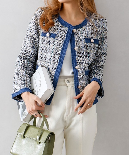 SpRay（スプレイ）の「デニムトリムツィードジャケット（ノーカラージャケット・レディース・ブラック/ベージュ/ピンク/ホワイト・FREE）」の2枚目の写真