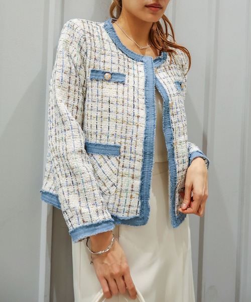 SpRay（スプレイ）の「デニムトリムツィードジャケット（ノーカラージャケット・レディース・ブラック/ベージュ/ピンク/ホワイト・FREE）」の6枚目の写真