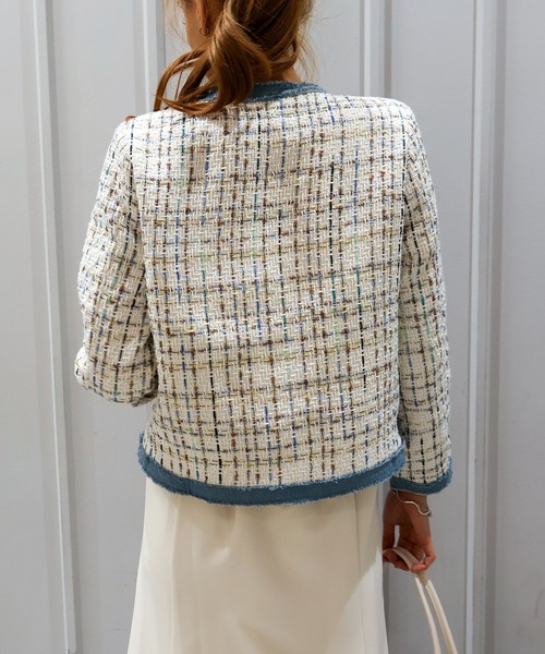 SpRay（スプレイ）の「デニムトリムツィードジャケット（ノーカラージャケット・レディース・ブラック/ベージュ/ピンク/ホワイト・FREE）」の12枚目の写真