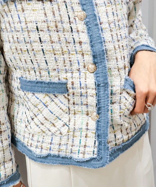 SpRay（スプレイ）の「デニムトリムツィードジャケット（ノーカラージャケット・レディース・ブラック/ベージュ/ピンク/ホワイト・FREE）」の14枚目の写真