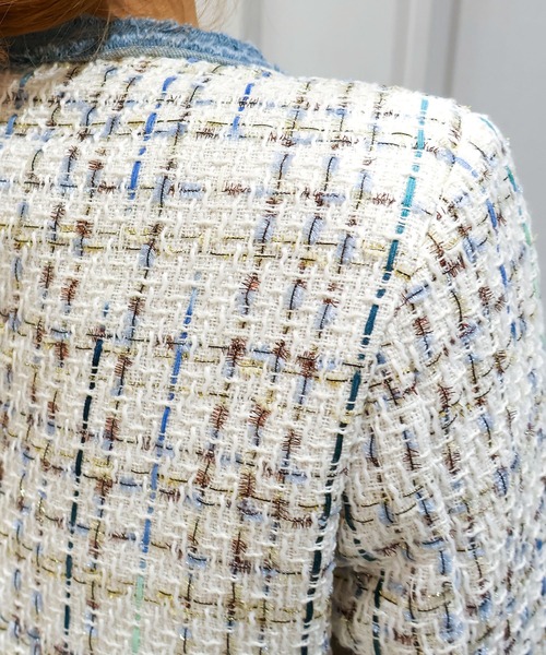 SpRay（スプレイ）の「デニムトリムツィードジャケット（ノーカラージャケット・レディース・ブラック/ベージュ/ピンク/ホワイト・FREE）」の15枚目の写真