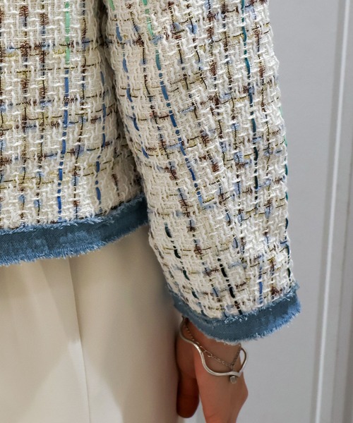 SpRay（スプレイ）の「デニムトリムツィードジャケット（ノーカラージャケット・レディース・ブラック/ベージュ/ピンク/ホワイト・FREE）」の16枚目の写真