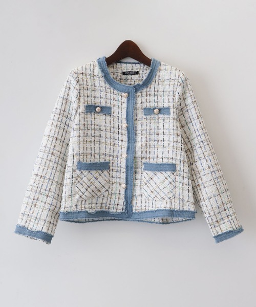 SpRay（スプレイ）の「デニムトリムツィードジャケット（ノーカラージャケット・レディース・ブラック/ベージュ/ピンク/ホワイト・FREE）」の17枚目の写真