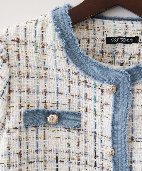 SpRay（スプレイ）の「デニムトリムツィードジャケット（ノーカラージャケット・レディース・ブラック/ベージュ/ピンク/ホワイト・FREE）」の19枚目の写真