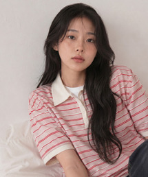 ストライプビスケットカラー半袖Tシャツダスティピンク
