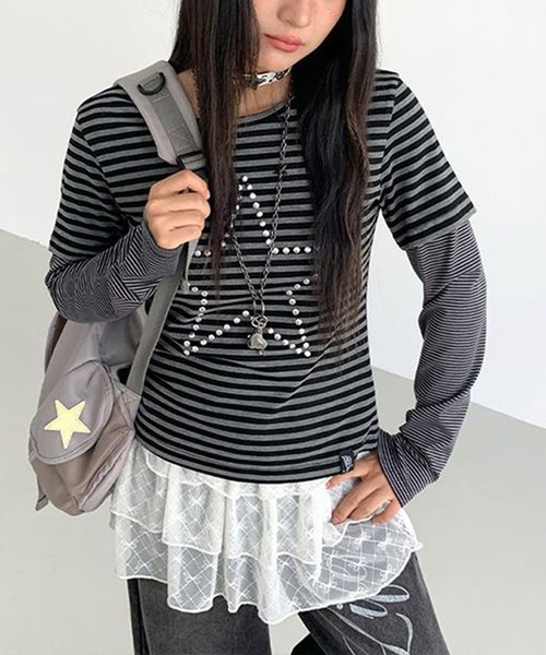 MEMECLE(メメクル)の「【 MEMECLE / メメクル 】スタースタッズ ボーダーレイヤードTシャツ(Tシャツ/カットソー・レディース・グレー・MEDIUM/SMALL)」の6枚目の写真