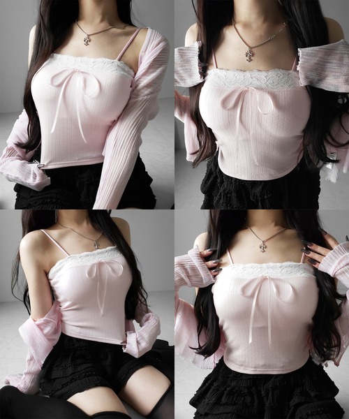 me+em select(ミームセレクト)の「【 3color 】フロントリボンレースショートキャミソール / front ribbon lace short camisole(キャミソール・レディース・ブラック/ホワイト/ピンク・FREE)」の7枚目の写真