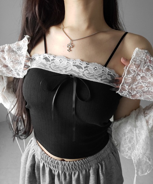 me+em select(ミームセレクト)の「【 3color 】フロントリボンレースショートキャミソール / front ribbon lace short camisole(キャミソール・レディース・ブラック/ホワイト/ピンク・FREE)」の5枚目の写真