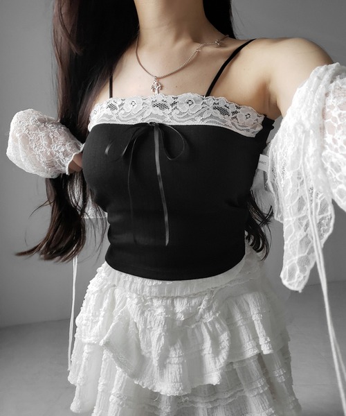 me+em select(ミームセレクト)の「【 3color 】フロントリボンレースショートキャミソール / front ribbon lace short camisole(キャミソール・レディース・ブラック/ホワイト/ピンク・FREE)」の22枚目の写真