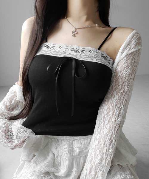 me+em select(ミームセレクト)の「【 3color 】フロントリボンレースショートキャミソール / front ribbon lace short camisole(キャミソール・レディース・ブラック/ホワイト/ピンク・FREE)」の20枚目の写真