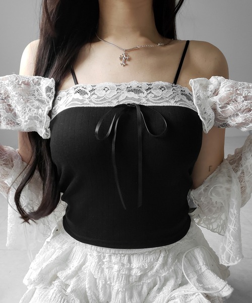 me+em select(ミームセレクト)の「【 3color 】フロントリボンレースショートキャミソール / front ribbon lace short camisole(キャミソール・レディース・ブラック/ホワイト/ピンク・FREE)」の21枚目の写真