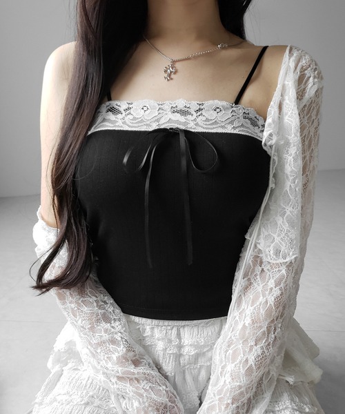 me+em select(ミームセレクト)の「【 3color 】フロントリボンレースショートキャミソール / front ribbon lace short camisole(キャミソール・レディース・ブラック/ホワイト/ピンク・FREE)」の19枚目の写真