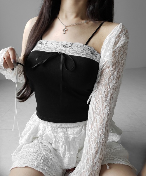 me+em select(ミームセレクト)の「【 3color 】フロントリボンレースショートキャミソール / front ribbon lace short camisole(キャミソール・レディース・ブラック/ホワイト/ピンク・FREE)」の18枚目の写真