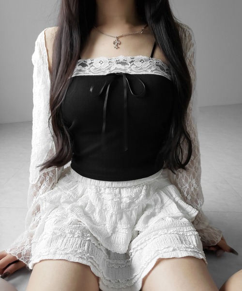 me+em select(ミームセレクト)の「【 3color 】フロントリボンレースショートキャミソール / front ribbon lace short camisole(キャミソール・レディース・ブラック/ホワイト/ピンク・FREE)」の16枚目の写真