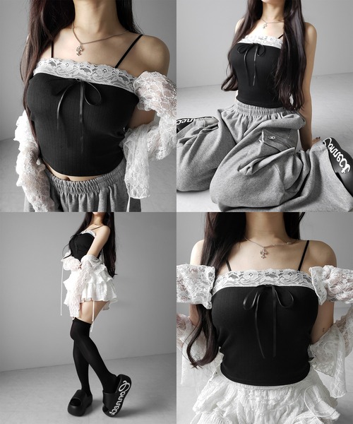 me+em select(ミームセレクト)の「【 3color 】フロントリボンレースショートキャミソール / front ribbon lace short camisole(キャミソール・レディース・ブラック/ホワイト/ピンク・FREE)」の8枚目の写真