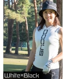 A AMEL（エイメル）の「【DOCUS/ドゥーカス】レディース センタージップ ノースリーブ シャツ 縦ロゴプリント（ゴルフグッズ）」