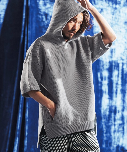 ANGENEHM(アンゲネーム)の「mpa4080- Sheer Mesh Airy Knit Hoodie ニットパーカー(AG06-003scg)(パーカー・メンズ・ミックスグレー/ブラック/ターコイズブルー/キナリ・L/M/S)」の6枚目の写真