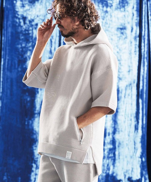 ANGENEHM(アンゲネーム)の「mpa4080- Sheer Mesh Airy Knit Hoodie ニットパーカー(AG06-003scg)(パーカー・メンズ・ミックスグレー/ブラック/ターコイズブルー/キナリ・L/M/S)」の10枚目の写真