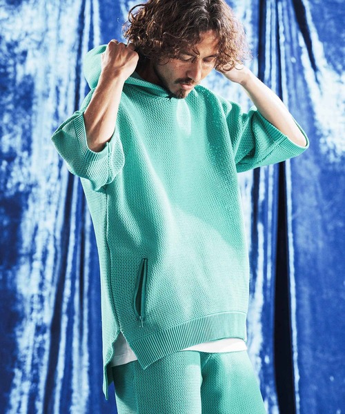 ANGENEHM(アンゲネーム)の「mpa4080- Sheer Mesh Airy Knit Hoodie ニットパーカー(AG06-003scg)(パーカー・メンズ・ミックスグレー/ブラック/ターコイズブルー/キナリ・L/M/S)」の13枚目の写真