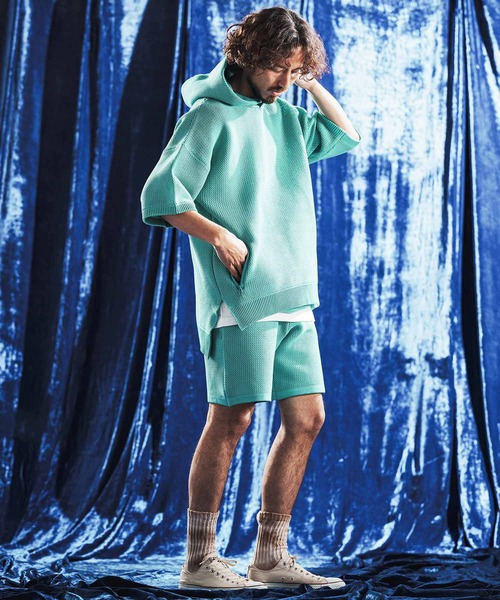 ANGENEHM(アンゲネーム)の「mpa4080- Sheer Mesh Airy Knit Hoodie ニットパーカー(AG06-003scg)(パーカー・メンズ・ミックスグレー/ブラック/ターコイズブルー/キナリ・L/M/S)」の16枚目の写真