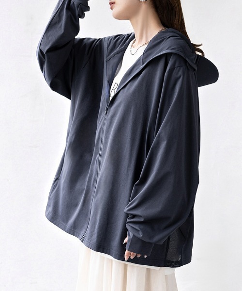 HUG.U(ハグユー)の「「完全防備」 フェイスガード×つば付き UVカットパーカー(パーカー・レディース・ブラック/グレー/ホワイト/ネイビー/ライトパープル/ミント・FREE)」の13枚目の写真