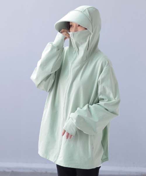 HUG.U(ハグユー)の「「完全防備」 フェイスガード×つば付き UVカットパーカー(パーカー・レディース・ブラック/グレー/ホワイト/ネイビー/ライトパープル/ミント・FREE)」の9枚目の写真