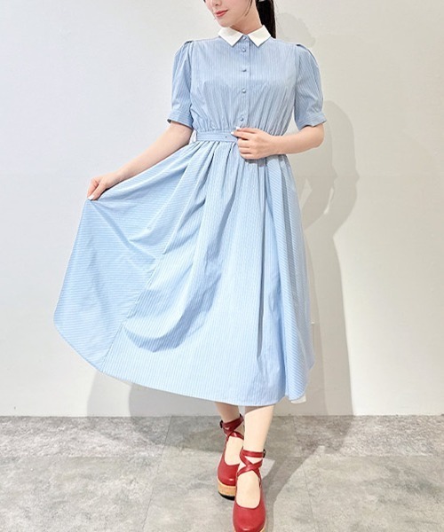 F i.n.t(フィント)の「バックラッフルストライプシャツワンピース/fint フィント(シャツワンピース・レディース・ベージュ/ライトブルー・FREE)」の5枚目の写真