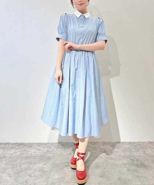 F i.n.t(フィント)の「バックラッフルストライプシャツワンピース/fint フィント(シャツワンピース・レディース・ベージュ/ライトブルー・FREE)」の6枚目の写真