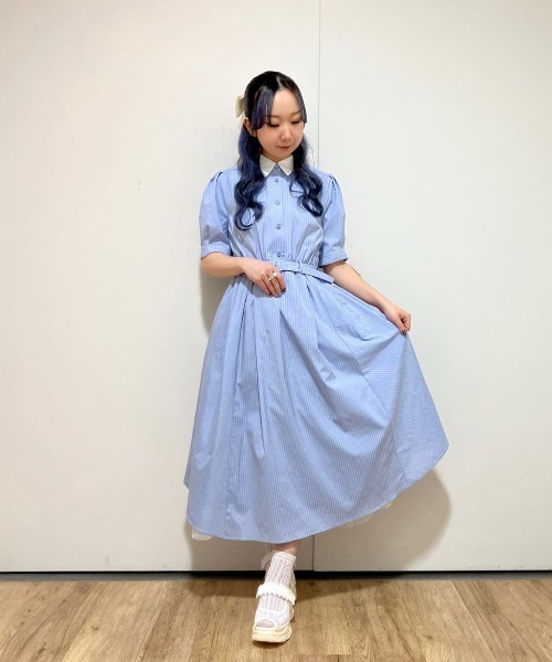 F i.n.t(フィント)の「バックラッフルストライプシャツワンピース/fint フィント(シャツワンピース・レディース・ベージュ/ライトブルー・FREE)」の12枚目の写真