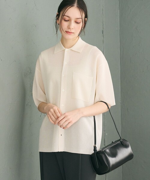 BEAUTY&YOUTH UNITED ARROWS（ビューティーアンドユースユナイテッドアローズ）の「ミラノリブ ショートスリーブ シャツカーディガン ウォッシャブル（カーディガン/ボレロ・レディース・オフホワイト/ブラック/シャーベット・FREE）」の2枚目の写真