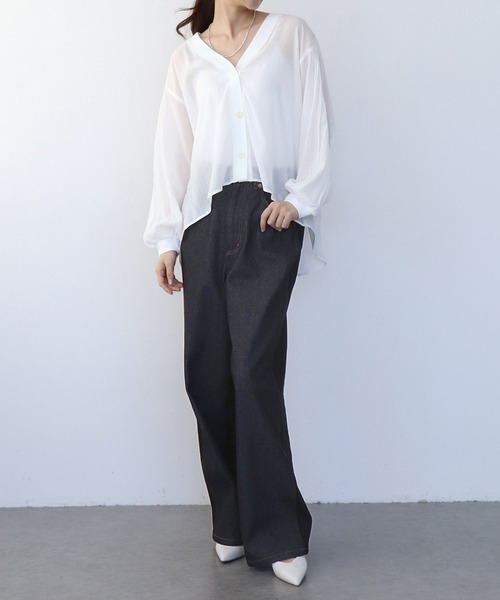 Jines（ジネス）の「デニム×裏毛ワイドパンツ（デニムパンツ・レディース・ブラック/インディゴブルー・38）」の7枚目の写真