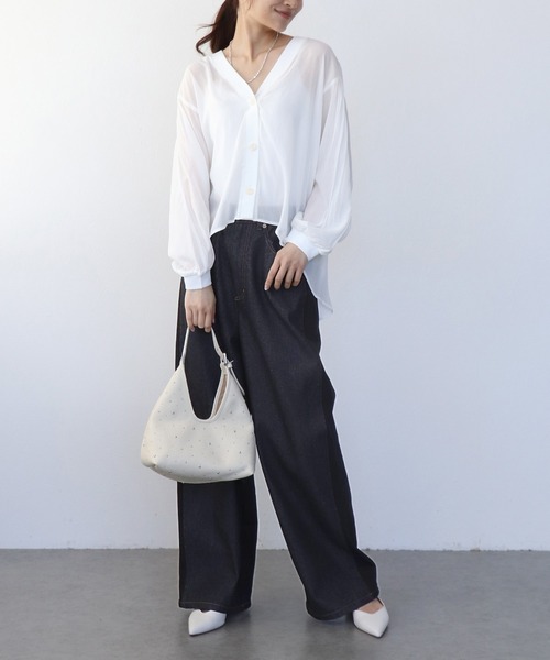 Jines（ジネス）の「デニム×裏毛ワイドパンツ（デニムパンツ・レディース・ブラック/インディゴブルー・38）」の8枚目の写真