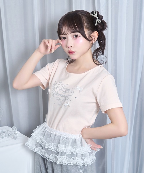 Honey Cinnamon（ハニーシナモン）の「ビジューロゴTシャツ（Tシャツ/カットソー・レディース・ホワイト/ピンク・FREE）」の2枚目の写真