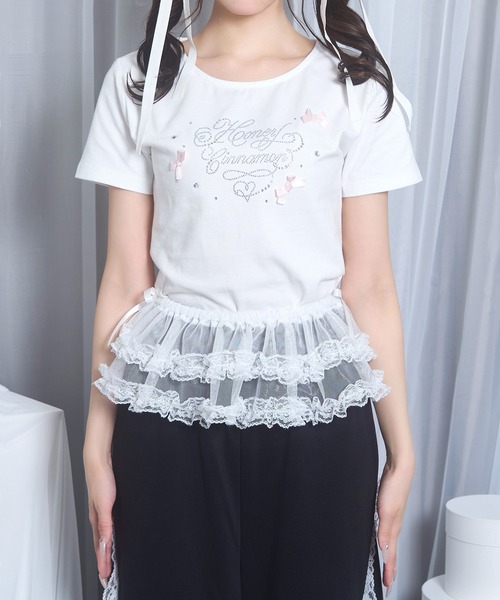 Honey Cinnamon（ハニーシナモン）の「ビジューロゴTシャツ（Tシャツ/カットソー・レディース・ホワイト/ピンク・FREE）」の3枚目の写真
