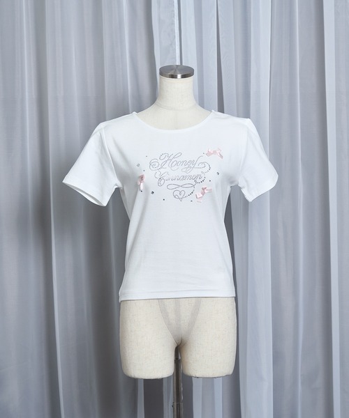 Honey Cinnamon（ハニーシナモン）の「ビジューロゴTシャツ（Tシャツ/カットソー・レディース・ホワイト/ピンク・FREE）」の6枚目の写真
