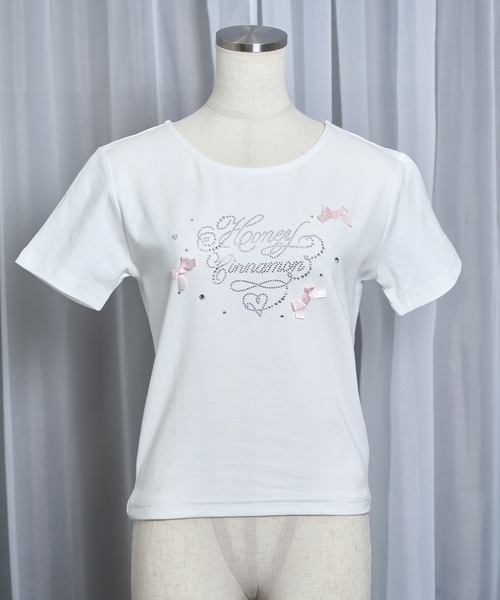 Honey Cinnamon（ハニーシナモン）の「ビジューロゴTシャツ（Tシャツ/カットソー・レディース・ホワイト/ピンク・FREE）」の7枚目の写真