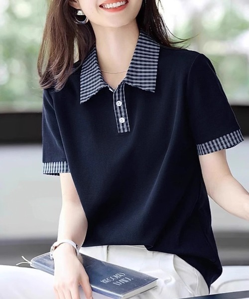 ONEP STAR（ワンピスター）の「チェック襟半袖ブラウス（シャツ/ブラウス・レディース・ネイビー・MEDIUM/LARGE/X-LARGE）」の2枚目の写真