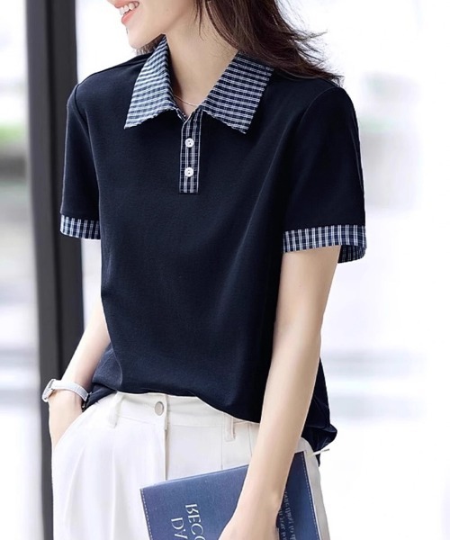 ONEP STAR（ワンピスター）の「チェック襟半袖ブラウス（シャツ/ブラウス・レディース・ネイビー・MEDIUM/LARGE/X-LARGE）」の3枚目の写真