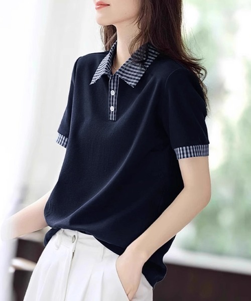 ONEP STAR（ワンピスター）の「チェック襟半袖ブラウス（シャツ/ブラウス・レディース・ネイビー・MEDIUM/LARGE/X-LARGE）」の4枚目の写真