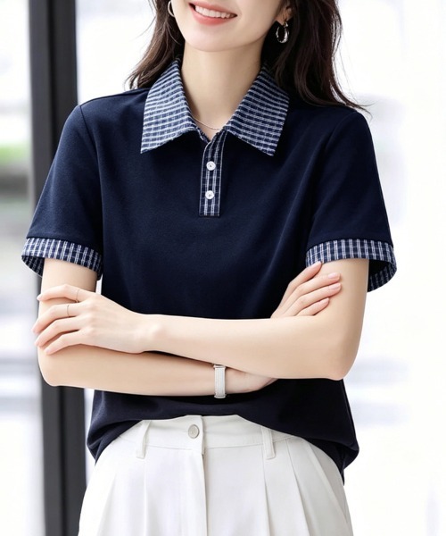 ONEP STAR（ワンピスター）の「チェック襟半袖ブラウス（シャツ/ブラウス・レディース・ネイビー・MEDIUM/LARGE/X-LARGE）」の5枚目の写真