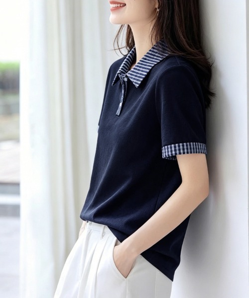 ONEP STAR（ワンピスター）の「チェック襟半袖ブラウス（シャツ/ブラウス・レディース・ネイビー・MEDIUM/LARGE/X-LARGE）」の6枚目の写真